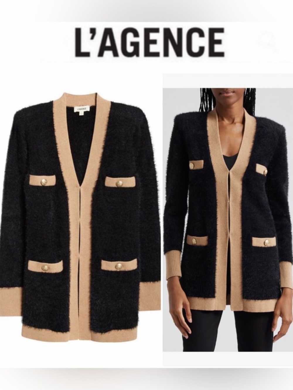 L'AGENCE Elin 4-Pocket Cardigan Black and Camel Contrasted Fuzzy Sz XS NWT